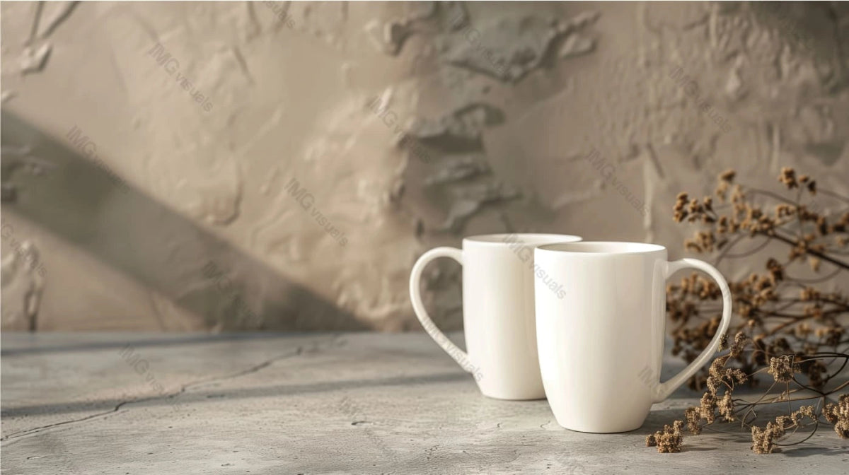 Two white mugs mockup on textured concrete surface with dried flowers, ai generated. Tea cups template advertising image. Serene and rustic atmosphere. Coffeecups mock up products photorealistic