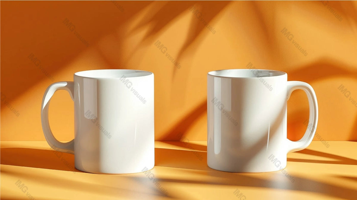 Two white mugs mockup positioned against bright orange background, ai generated. Leaves shadows. Vibrant lively scene. Tea cups template advertising image. Coffeecups mock up products photorealistic
