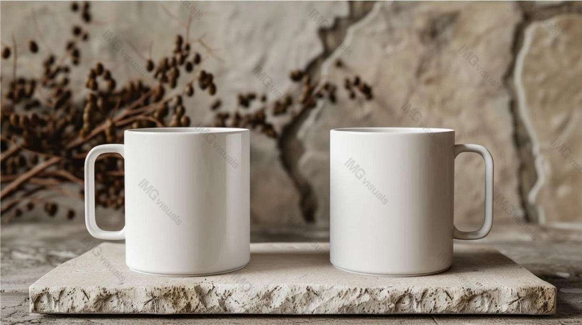 Two white mugs mockup with square handles placed on textured stone slab, ai generated. Stone wall and dried branches. Tea cups template advertising image. Coffeecups mock up products photorealistic