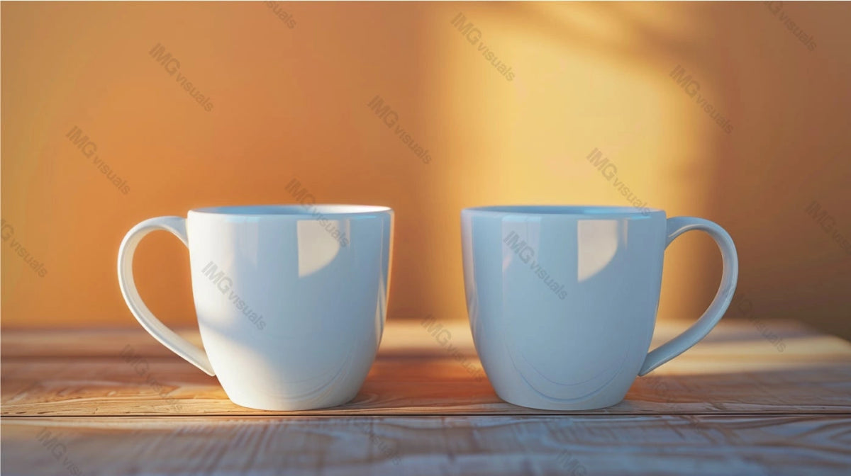 Two white rounded ceramic mugs mockup placed on wooden surface, ai generated. Tea cups template advertising image. Perfect for cozy homey atmosphere. Coffeecups mock up products photorealistic