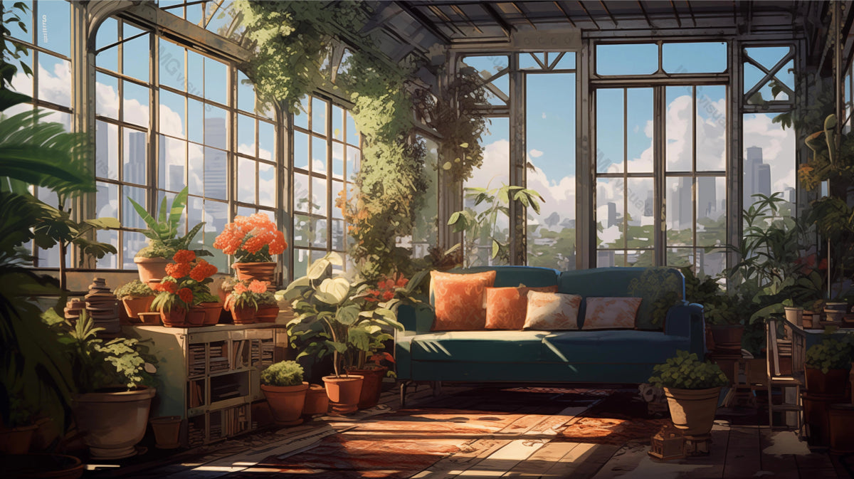 Urban greenhouse room with cozy sofa ai generated 2D cartoon illustration. Lush potted plants, cityscape view windows lofi wallpaper background lo-fi art. Sunny interior flat image chill vibe