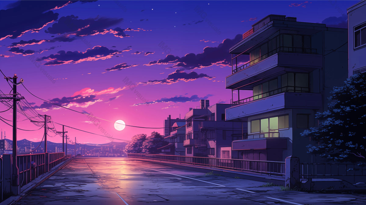 Urban pink blue sunset moon reflecting off cracked road ai generated 2D cartoon illustration. Row of town buildings lofi wallpaper background lo-fi art. Serene neighborhood flat image cozy chill vibe