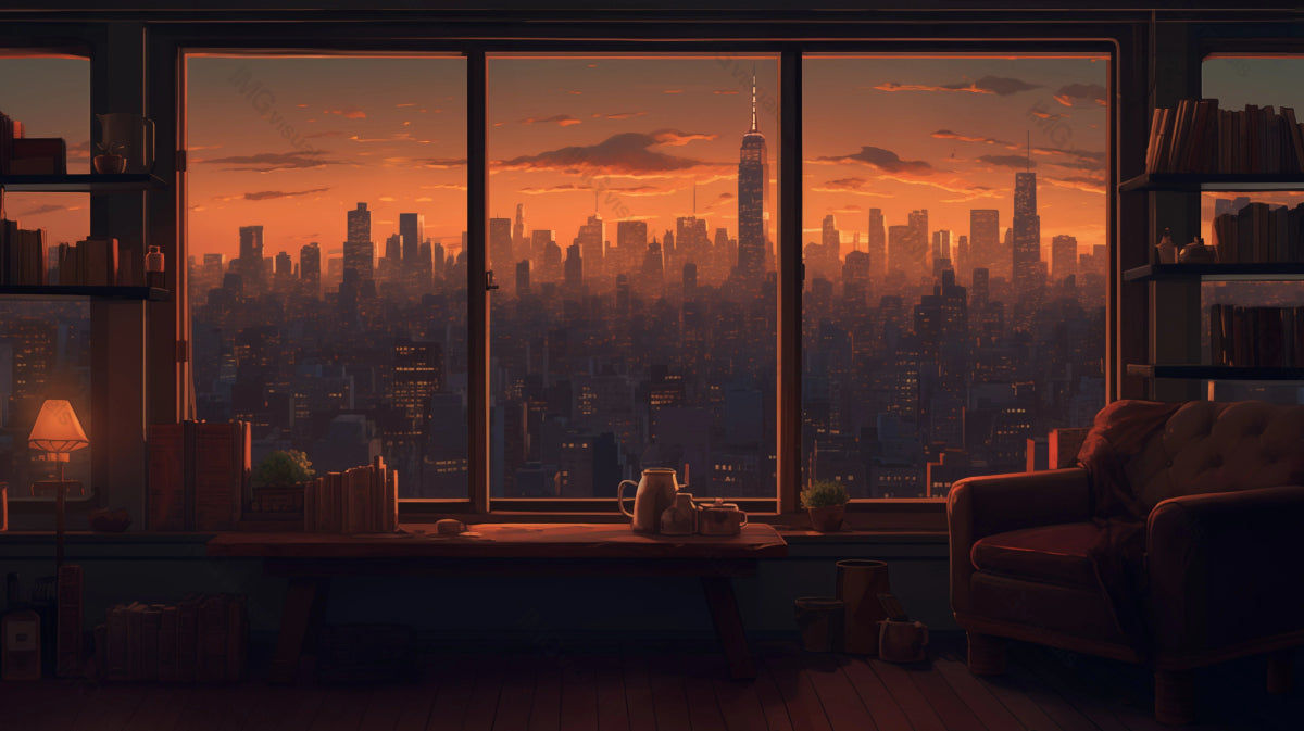Urban sunset from cozy home office ai generated 2D cartoon illustration. Soft light spilling over armchair and bookshelves lofi wallpaper background lo-fi art. Evening ambiance flat image chill vibe