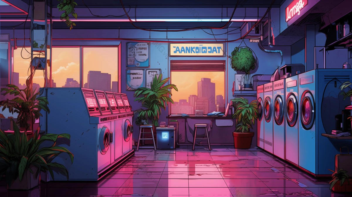 Urban sunset in tranquil laundromat ai generated 2D cartoon illustration. Evening chores lofi wallpaper background lo-fi art. City twilight. Coin laundry neon lighting flat image cozy chill vibe