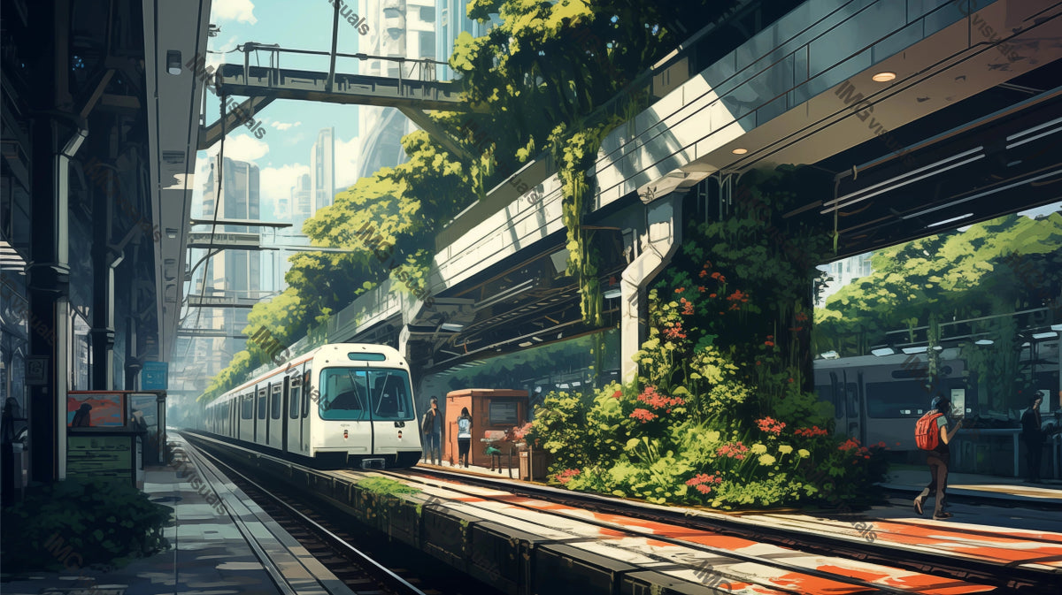 Urban train station adorned with flowering plants ai generated 2D cartoon illustration. City skyscrapers, green oasis lofi wallpaper background lo-fi art. Modern transit flat image cozy chill vibe
