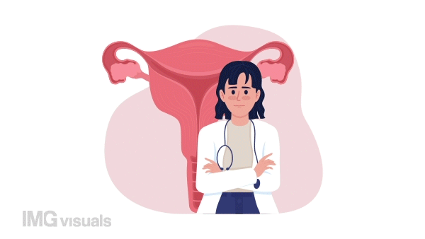 Animated warn gynecologist concept. Looped 2D cartoon flat character on white with alpha channel transparency for web design. HD video footage. Uterus health creative idea animation