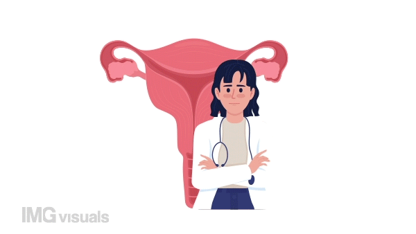 Animated gynecological issue concept. Looped 2D cartoon flat character on black with alpha channel transparency for web design. HD video footage. Woman reproductive health creative idea animation