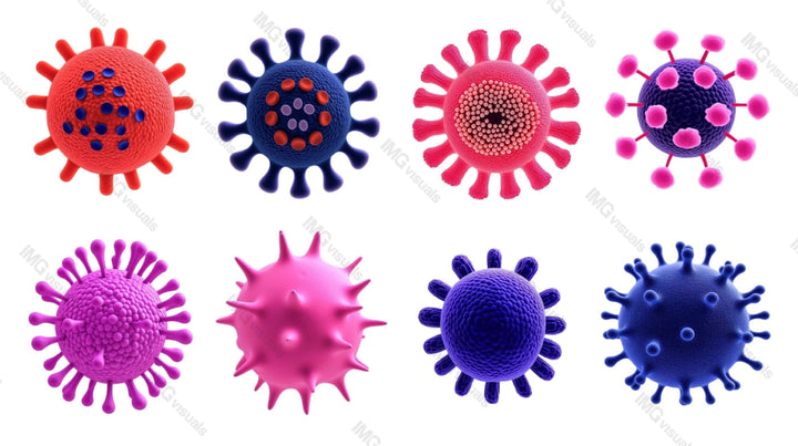 Various virus models transparent image set, ai generated. Microscopic organisms isolated cutouts 3d render. Infectious disease. Microbiology, virology cut outs cliparts design elements png collection