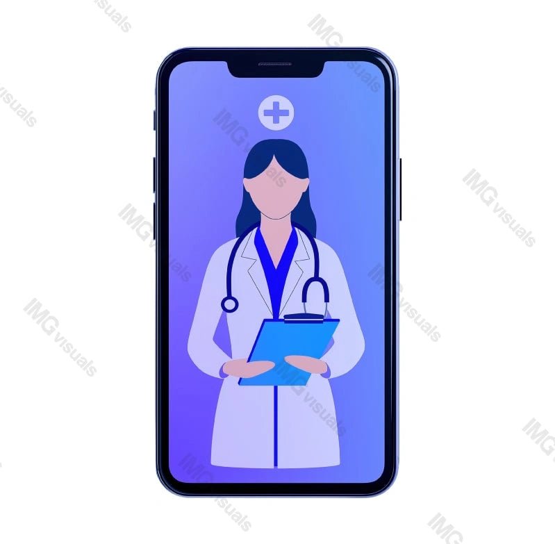 Virtual doctor consultation on smartphone screen image isolated transparent, ai generated. Female physician with stethoscope and clipboard cut out photo png. Telemedicine services cutout photography