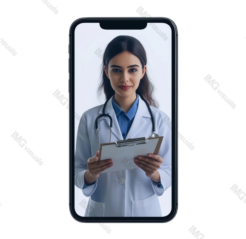 Virtual medical appointment with doctor smartphone image isolated transparent, ai generated. Female physician video healthcare cut out photo png. Modern telehealth services cutout photography