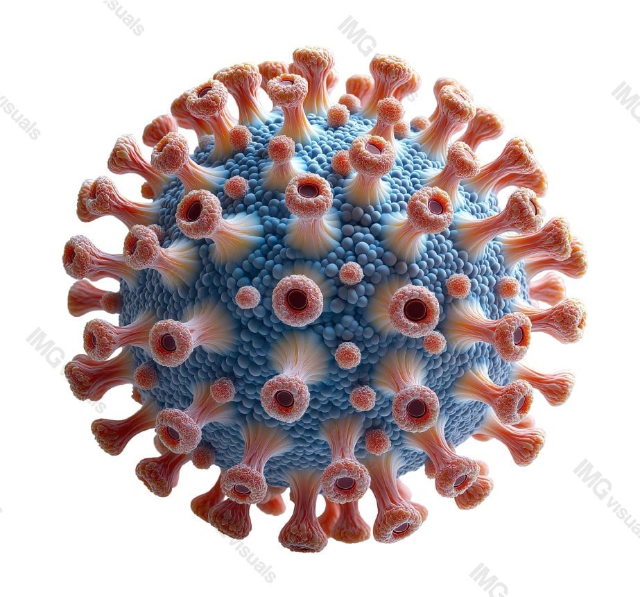 Virus particle with blue core and red spike proteins transparent image, ai generated. Microbiology, virology isolated cutout 3d render. Immune response cut out clipart design element png