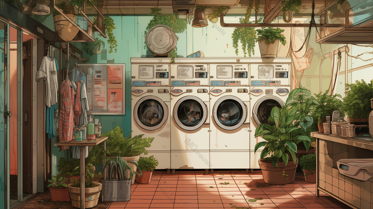 Warm light in cozy laundromat adorned with plants ai generated 2D cartoon illustration. Sunlit laundry lofi wallpaper background lo-fi art. Homely chores. Peaceful laundrette flat image chill vibe