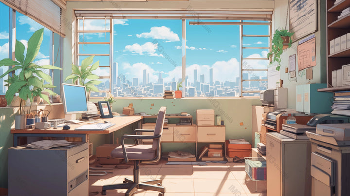 Warm sunlight bathes neat office space ai generated 2D cartoon illustration. Panoramic window of sprawling cityscape lofi wallpaper background lo-fi art. Tidy workspace flat image cozy chill vibe