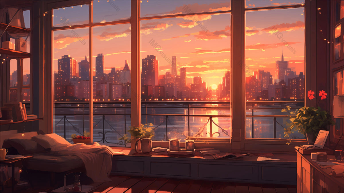 Warm sunrise illuminating room with river view ai generated 2D cartoon illustration. Urban dawn lofi wallpaper background lo-fi art. Peaceful bedroom comfortable interior flat image cozy chill vibe