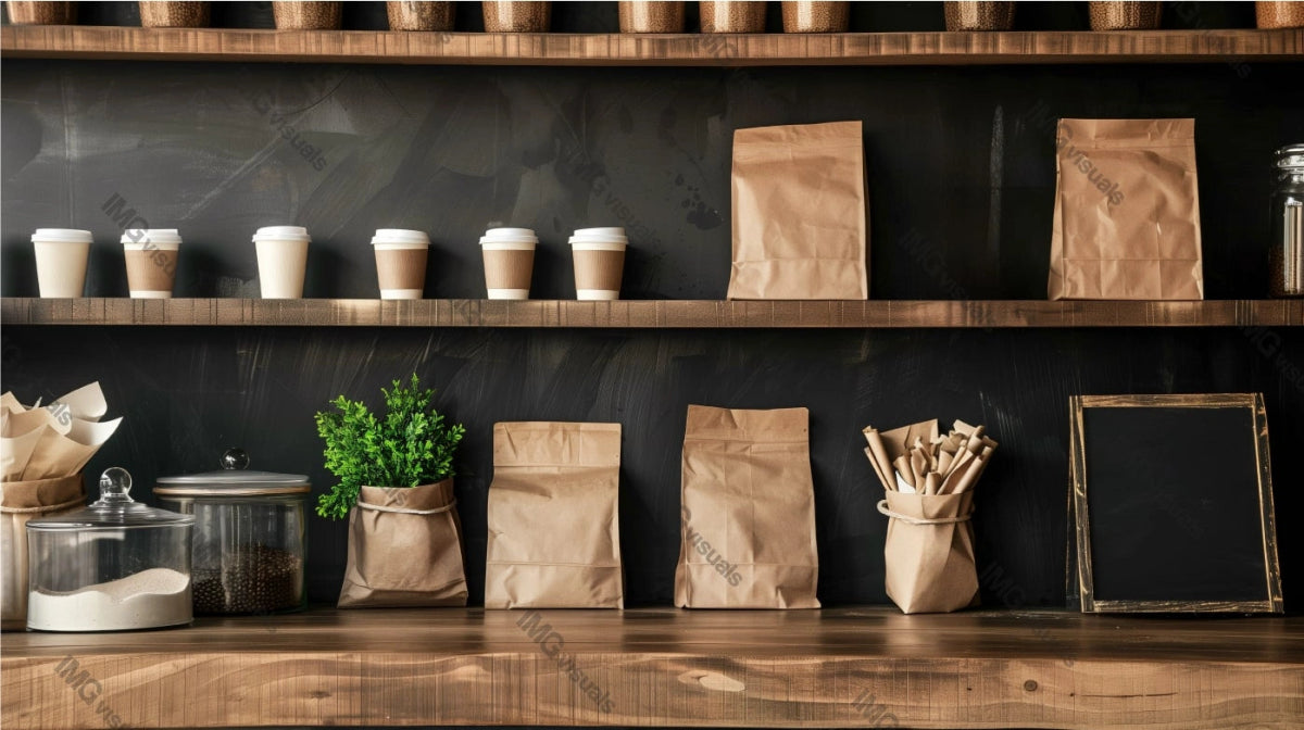 Well-organized coffeeshop kitchen mockup with rustic charm, ai generated. Counter with takeaway coffee cups, brown paper bags template advertising image. Coffee shop interior mock up photorealistic