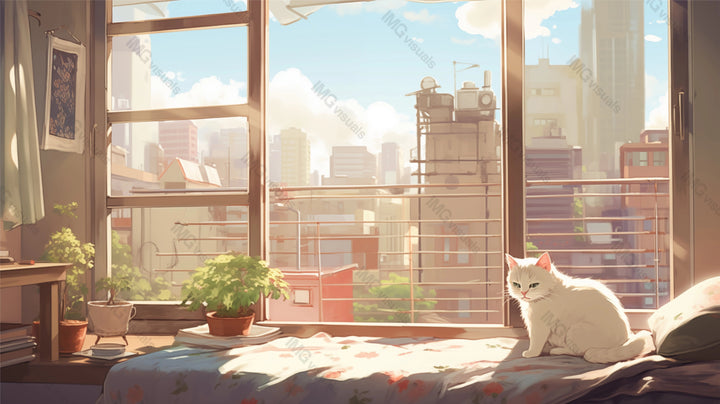 White cat basks in morning sun on bed ai generated 2D cartoon illustration. Sunbathed kitten lofi wallpaper background lo-fi art. Sunlit bedroom interior home flat image cozy chill vibe