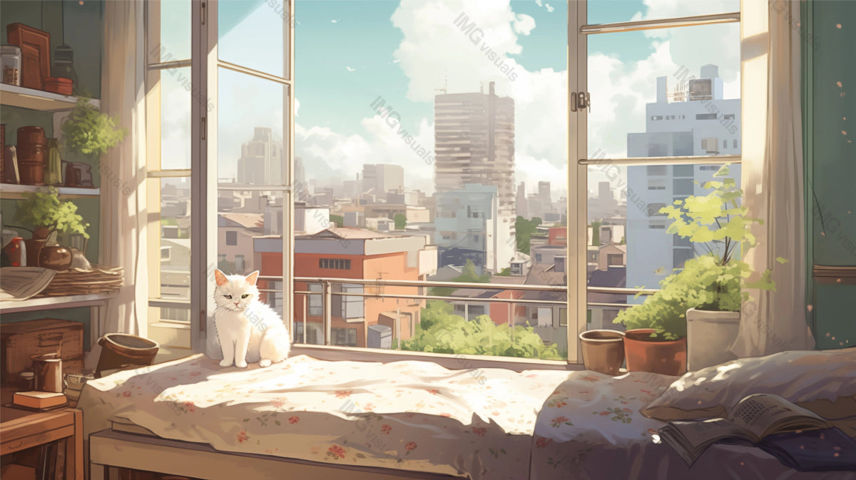 White cat enjoys morning sun in cozy room ai generated 2D cartoon illustration. Sunlit bedroom window city view lofi wallpaper background lo-fi art. Relaxing kitten flat image cozy chill vibe