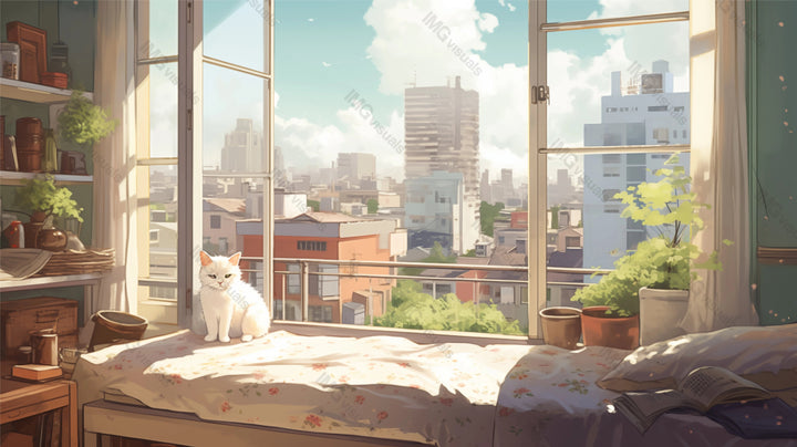 White cat enjoys morning sun in cozy room ai generated 2D cartoon illustration. Sunlit bedroom window city view lofi wallpaper background lo-fi art. Relaxing kitten flat image cozy chill vibe