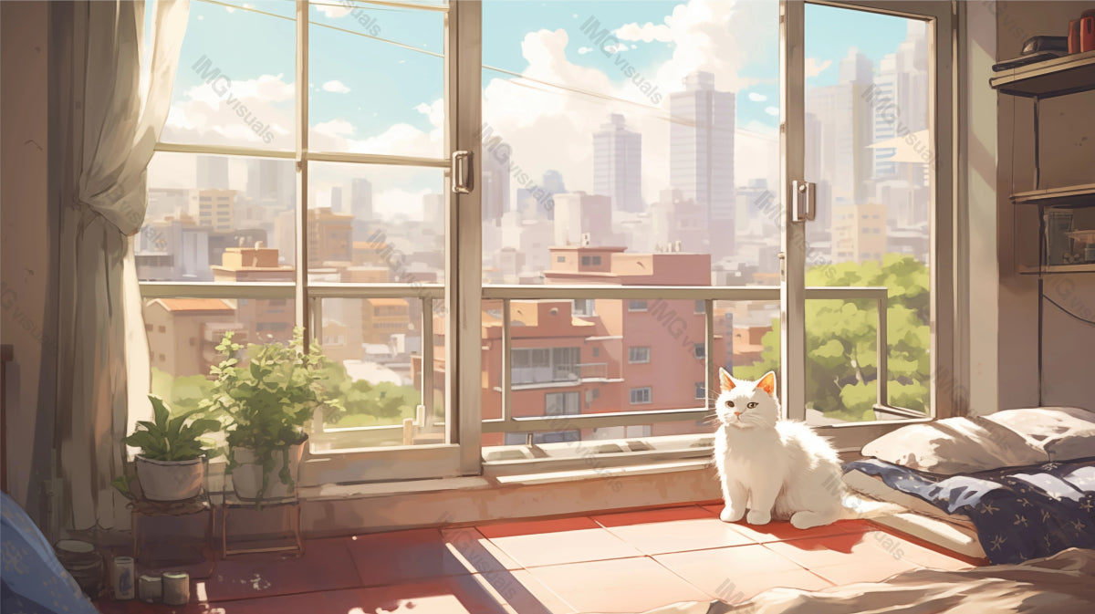 White cat sits by open window with city view ai generated 2D cartoon illustration. Daytime urban, calm pet lofi wallpaper background lo-fi art. Sunny apartment plants flat image cozy chill vibe