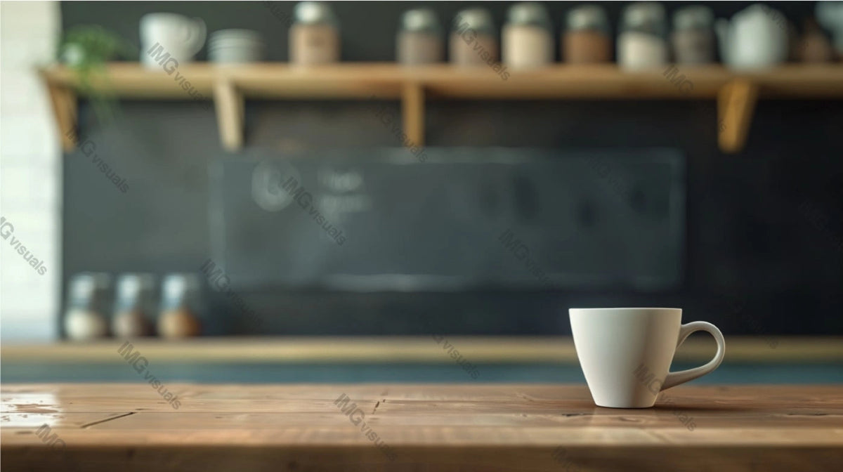 White coffee mug mockup on wooden counter with blackboard background, ai generated. Coffeecup template advertising image. Shelves with jars and cups. Blurred chalkboard mock up product photorealistic