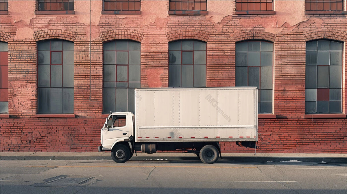 White delivery truck mockup parked beside vintage brick building, ai generated. Urban industrial backdrop. Lorry template advertising image. Large windows, faded exterior. Vehicle mock up realistic