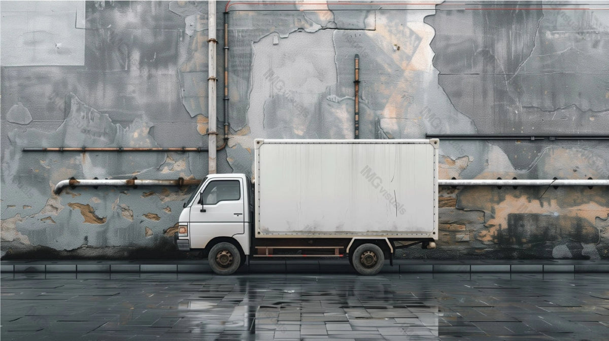 White delivery truck mockup parked beside weathered industrial building, ai generated. Peeling paint wall and exposed pipes. Lorry template advertising image. Vehicle mock up product photorealistic