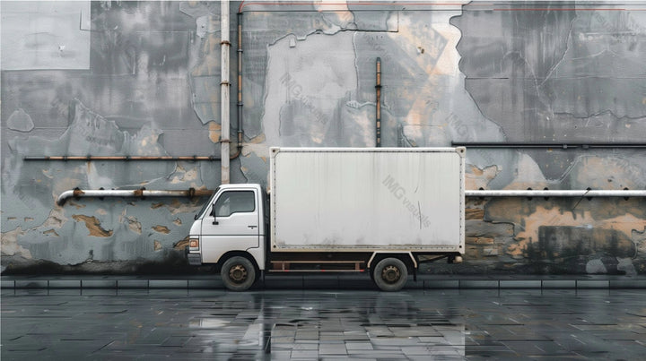 White delivery truck mockup parked beside weathered industrial building, ai generated. Peeling paint wall and exposed pipes. Lorry template advertising image. Vehicle mock up product photorealistic