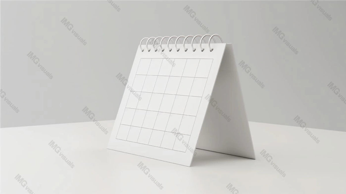 White desk calendar mockup with spiral binding stands upright on surface, ai generated. Blank grid layout template advertising image. Scheduling, organizing daily tasks mock up product photorealistic