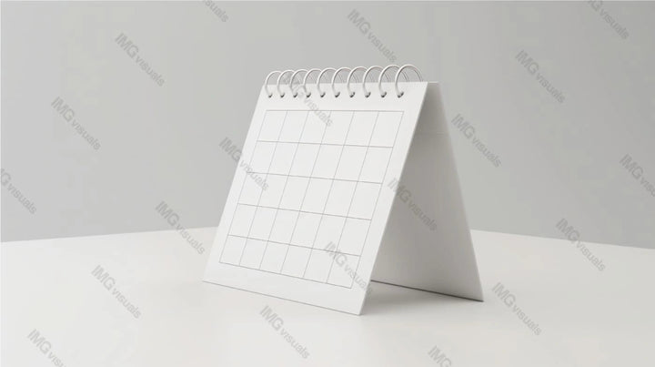 White desk calendar mockup with spiral binding stands upright on surface, ai generated. Blank grid layout template advertising image. Scheduling, organizing daily tasks mock up product photorealistic