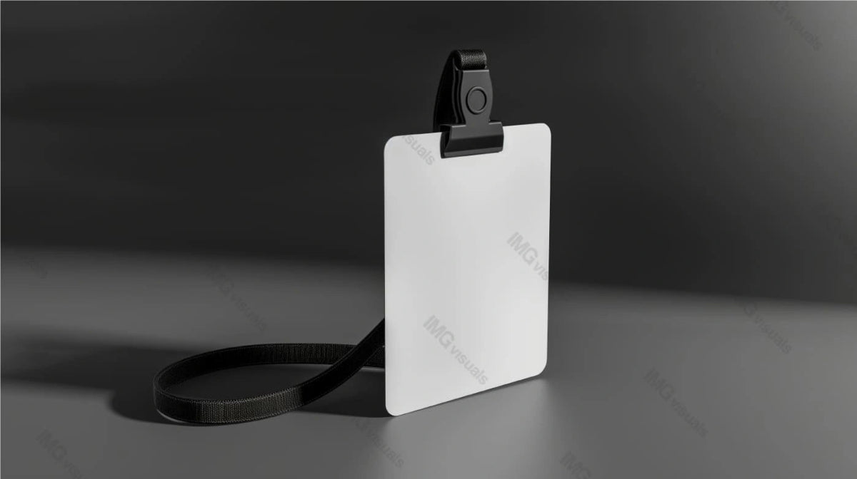 White ID badge mockup with black lanyard displayed upright on dark surface, ai generated. Perfect for professional, event identification template advertising image. Pass access mock up photorealistic