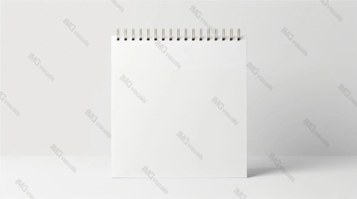 White spiral-bound planner mockup displayed upright on white surface, ai generated. Blank page template advertising image. Displaying important notes. Planning tool mock up product photorealistic