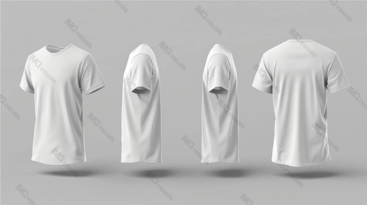 White t-shirt mockup displayed from four different angles, ai generated. Plain grey background. Versatile wear template advertising image. Online apparel catalog mock up product photorealistic