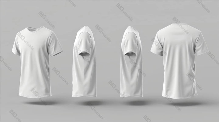 White t-shirt mockup displayed from four different angles, ai generated. Plain grey background. Versatile wear template advertising image. Online apparel catalog mock up product photorealistic