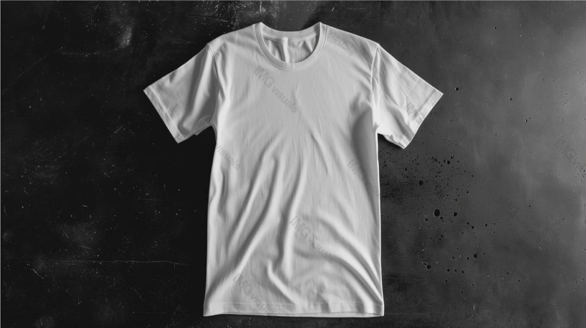 White t-shirt mockup laid flat against textured dark black background, ai generated. Clean crisp appearance of tshirt template advertising image. Basic apparel mock up product photorealistic