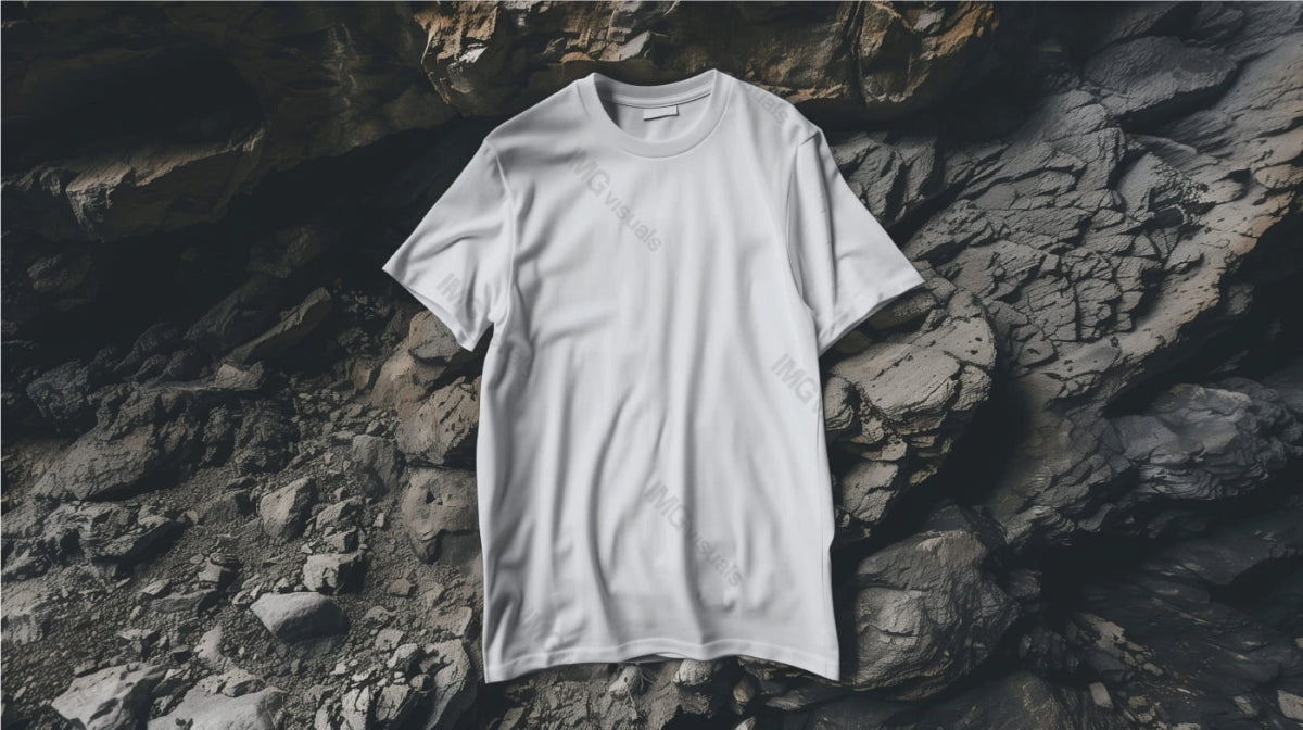 White t-shirt mockup laid out flat on rugged rocky background, ai generated. Rough terrain and smooth fabric tshirt template advertising image. Outdoor-themed fashion. Apparel mock up photorealistic