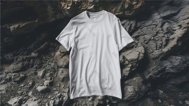 White t-shirt mockup laid out flat on rugged rocky background, ai generated. Rough terrain and smooth fabric tshirt template advertising image. Outdoor-themed fashion. Apparel mock up photorealistic