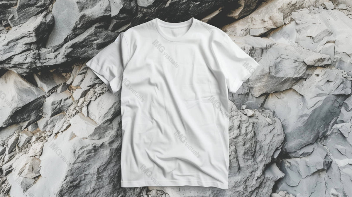 White t-shirt mockup on rugged light grey rocky surface, ai generated. Rough textured rocks and wrinkled cotton tshirt template advertising image. Simple apparel mock up product photorealistic