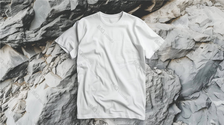 White t-shirt mockup on rugged light grey rocky surface, ai generated. Rough textured rocks and wrinkled cotton tshirt template advertising image. Simple apparel mock up product photorealistic