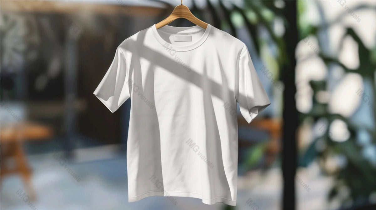 White t-shirt mockup on wooden hanger against blurred outdoor background, ai generated. Sunlight casting shadows tshirt template advertising image. Casual sunlit apparel mock up product photorealistic