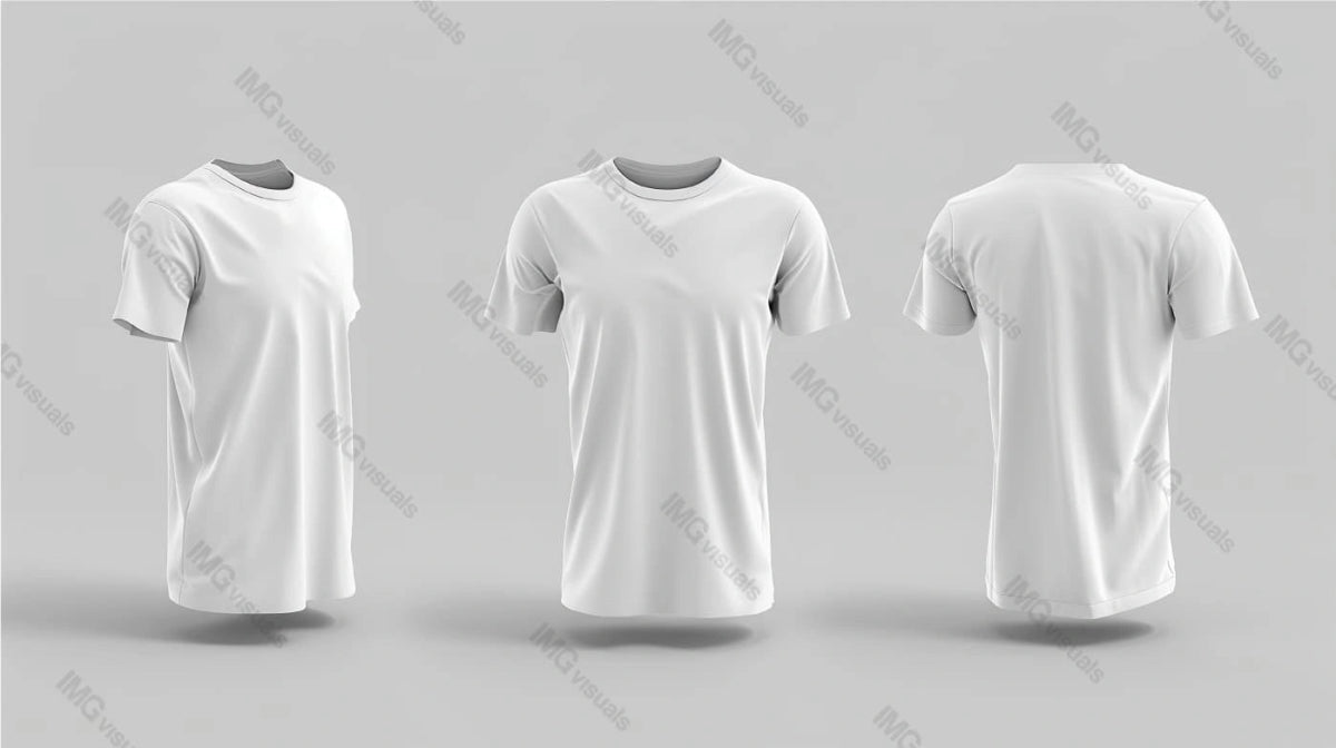 White t-shirt mockup shown from different perspectives, ai generated. Neutral grey background. Garment fit and style template advertising image. Apparel presentation mock up product photorealistic