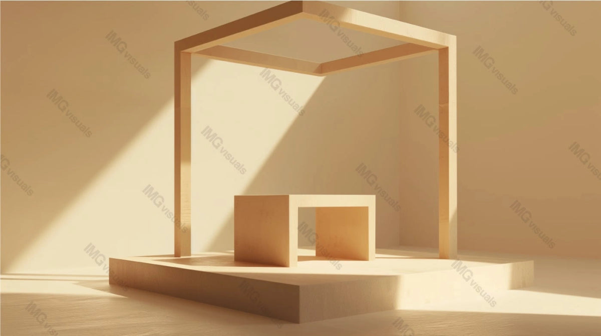 Wooden frame and table placed on raised pedestal podium mockup, ai generated. Bathed in warm beige light. Modern minimalist setup. Empty showcase background. Branding presentation display design