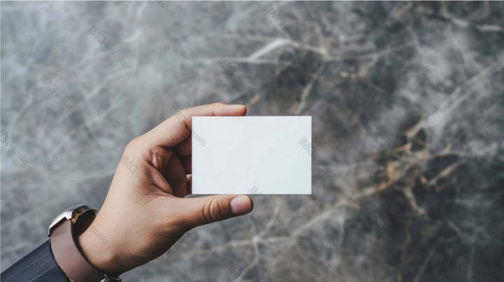 Wristwatch hand holding blank card mockup against marbled background, ai generated. Entrepreneur introduction. Businesscard template advertising image. Professional mock up product photorealistic