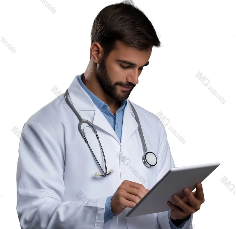 Young adult male doctor reviewing patient data image isolated transparent, ai generated. Stethoscope general practitioner working on tablet cut out photo png. Healthcare provider cutout photography