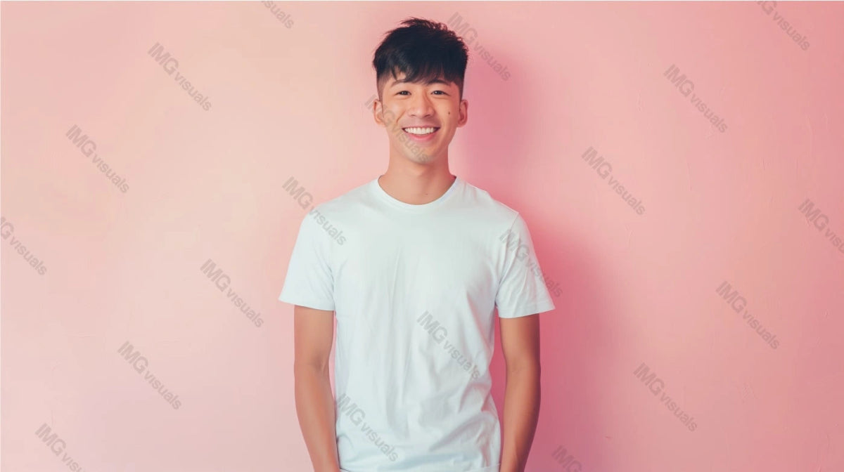 Young asian guy wearing white t-shirt mockup against soft pink background, ai generated. Playful, friendly atmosphere. Tshirt template advertising image. Simple outfit mock up product photorealistic