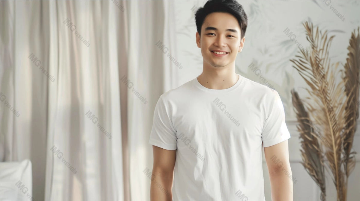 Young asian man wearing plain white t-shirt mockup, smiling warmly, ai generated. Beige curtains, decorative dried plants. Male tshirt template advertising image. Casual attire mock up photorealistic