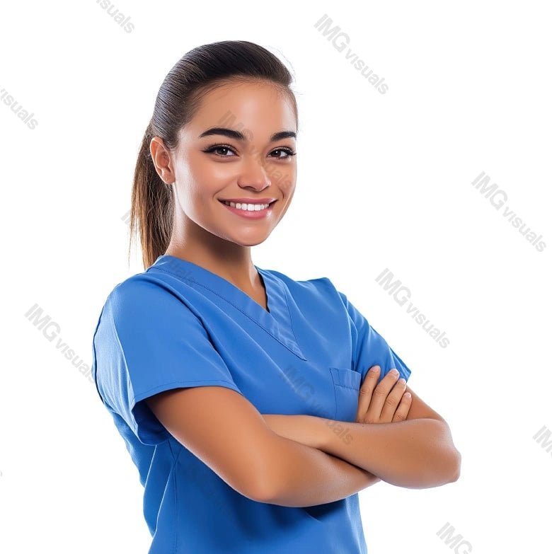 Young female nurse with arms crossed image isolated transparent, ai generated. Friendly caregiver woman in blue scrubs cut out photo png. Hospital employee. Healthcare provider cutout photography