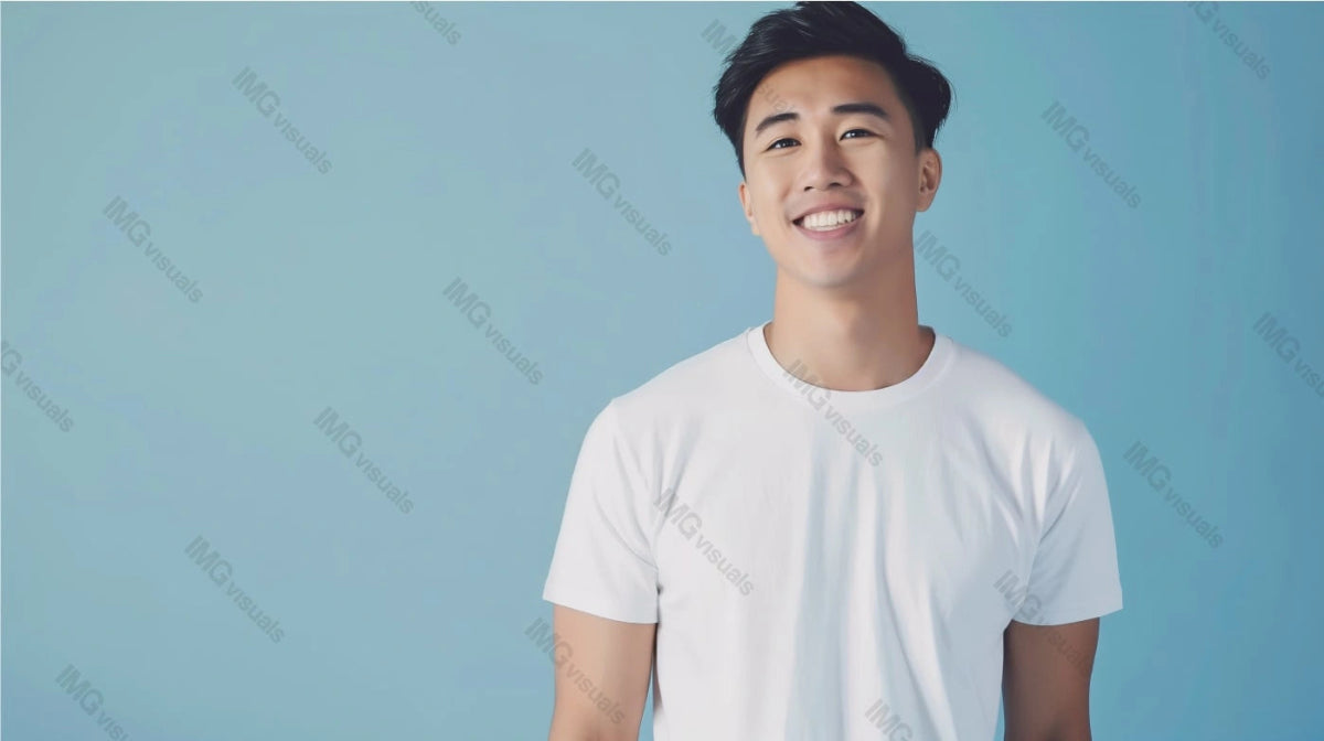 Young korean man in plain white t-shirt mockup against solid blue background, ai generated. Cheerful demeanor. Tshirt template advertising image. Simplicity of outfit mock up product photorealistic