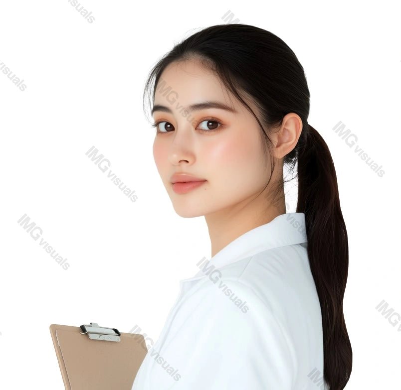 Young medical professional asian woman with clipboard image isolated transparent, ai generated. Hospital work. General practitioner cut out photo png. Healthcare provider cutout photography