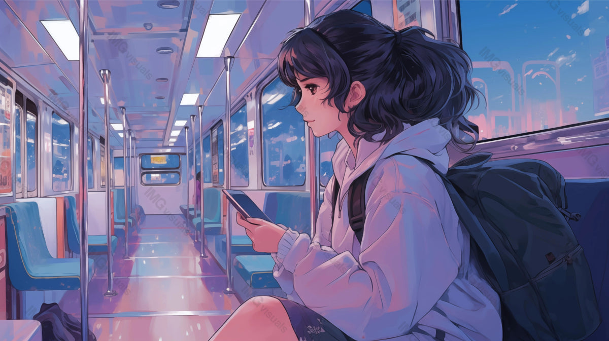 Young woman uses phone on peaceful subway ride ai generated 2D cartoon illustration. Daily life. Female commuter train lofi wallpaper background lo-fi art. Public transit flat image cozy chill vibe