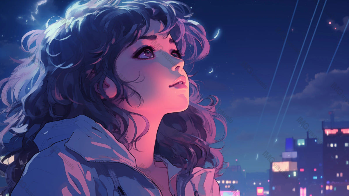 Young woman with curly hair gazing skyward ai generated 2D cartoon illustration. City lights, dreamy eyes. Contemplative look lofi wallpaper background lo-fi art. Nighttime dreams flat image cozy vibe